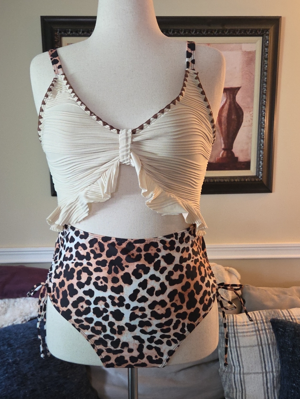 Women’s Cream Ruffle Tie-Front One-Piece with Leopard High-Waist Bottom